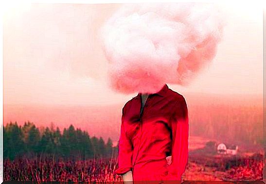 Woman with red clothes and cloud as head