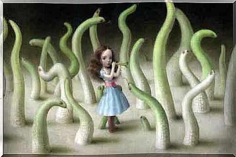 A girl surrounded by worms.