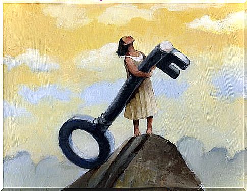 Woman carrying a large key