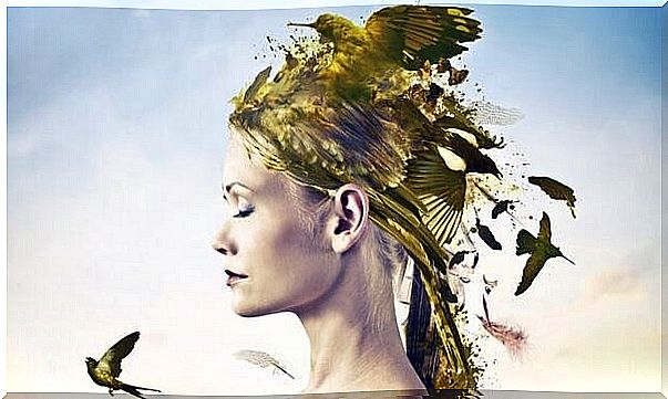 Woman with birds coming from her hair