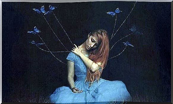 Girl with tied up butterflies that symbolize ego traps