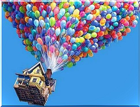 The house from the movie Watch out that flies in the air using balloons.